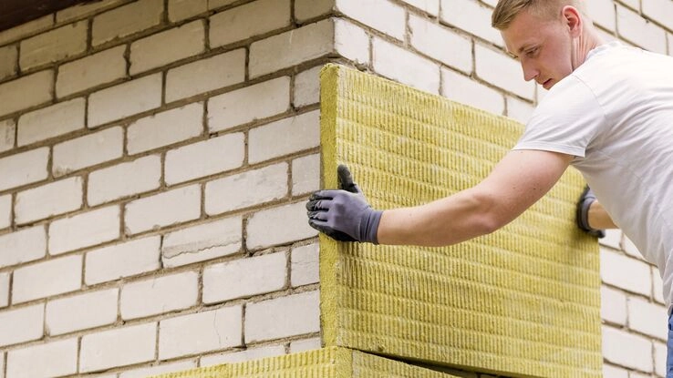 Bauarbeiter, der die Fassade eines Hauses mit Mineralwolle isoliert.