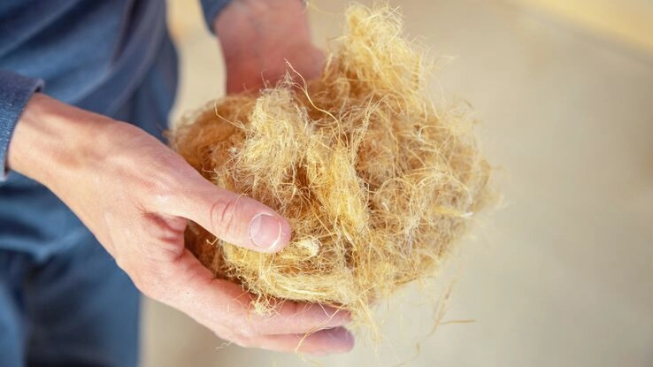 Komprimierte wärmedämmende Hanffaser-Verbundplatten in der Hand