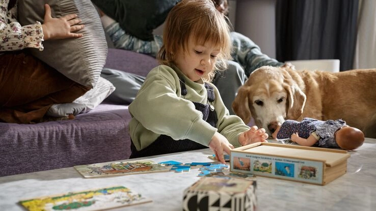 Das Foto zeigt ein spielendes Kind mit einem Hund. Es steht sinnbildlich für die Frage, harmonieren Kinder und Tiny Houses?