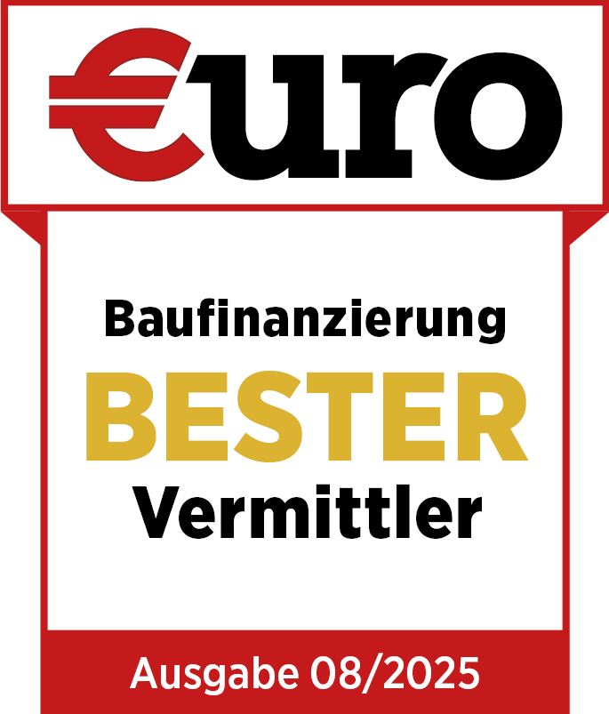 Testsiegel des Finanzmagazins €uro mit der Auszeichnung "Baufinanzierung Bester Vermittler" der Ausgabe 08/2025.