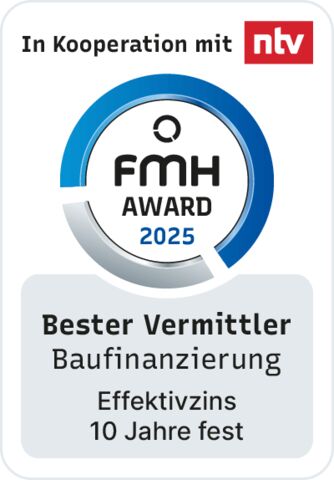 FMW Award 2025: Interhyp wurde im Test der FMH Finanzberatung in der Kategorie als „Bester Vermittler für Baufinanzierung“, Effektivzinsen 10 Jahre fest, ausgezeichnet.