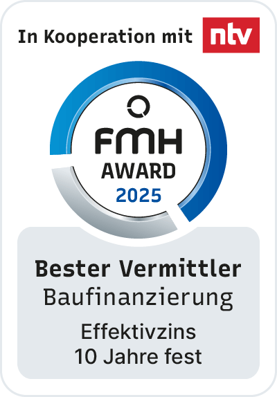 FMW Award 2025: Interhyp wurde im Test der FMH Finanzberatung in der Kategorie als „Bester Vermittler für Baufinanzierung“, Effektivzinsen 10 Jahre fest, ausgezeichnet.