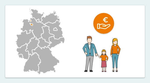 Die Grafik zeigt eine Deutschlandkarte, in der das Bundesland Bremen farbig hervorgehoben ist. Daneben steht eine Familie. Darüber befindet sich ein Icon mit Eurozeichen und offener Hand. Es symbolisiert regionale Fördermittel für Bremen.