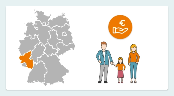 Die Grafik zeigt eine Deutschlandkarte, in der das Bundesland Rheinland-Pfalz farbig hervorgehoben ist. Daneben steht eine Familie. Darüber befindet sich ein Icon mit Eurozeichen und offener Hand. Es symbolisiert regionale Fördermittel für Rheinland-Pfalz.