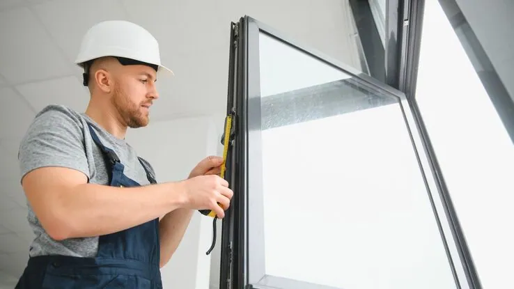 Das Foto zeigt einen Handwerker, der ein neues Fenster einbaut.